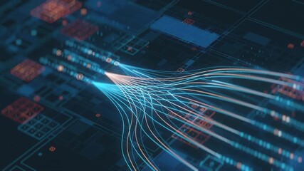 This video portrays the complex flow of digital information and big data streams, illustrating concepts of network connectivity, data analysis, and advanced technological infrastructure. - Powered by Adobe