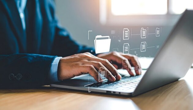 Businessman working on a laptop, digital documents overlay