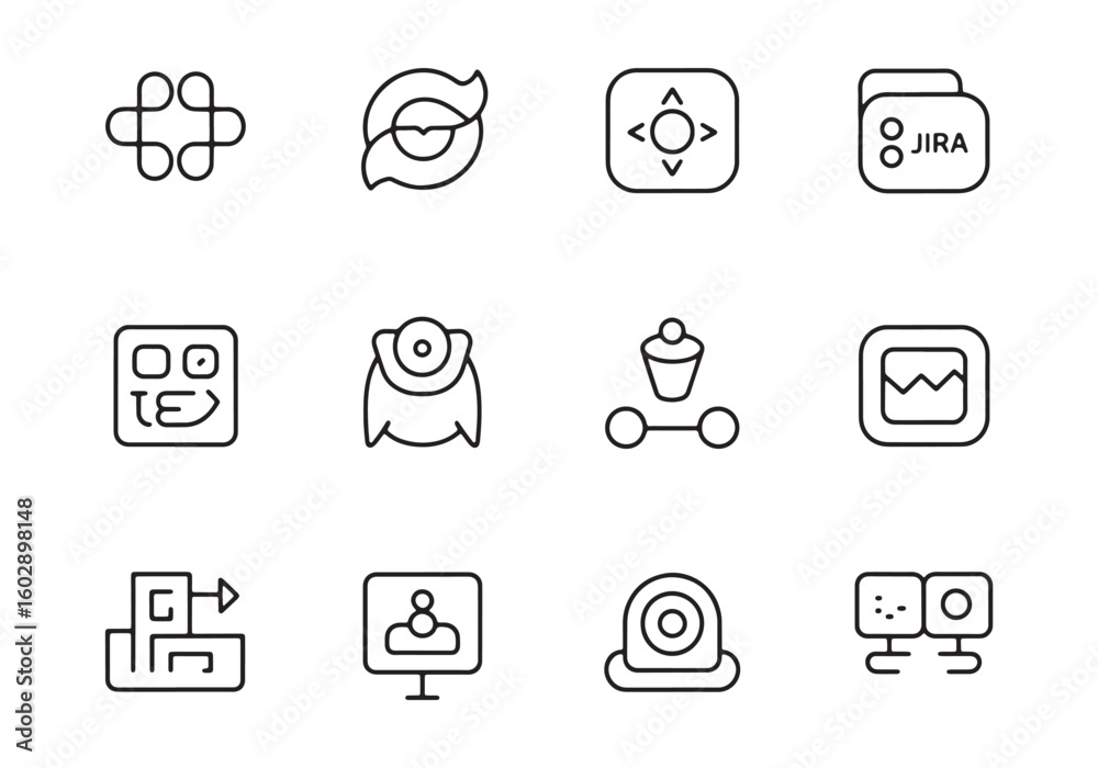 Fototapete Collection of twelve black outline icons on white background representing technology and abstract concepts