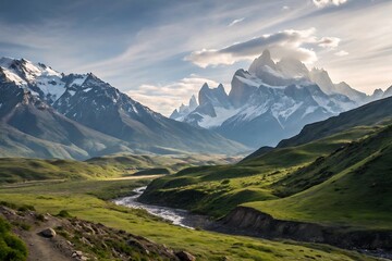 Dramatic mountain peaks with snow and green valleys mountains river