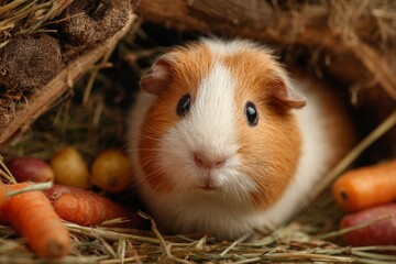 Cute guinea pig resting on hay and eating carrots and potatoes