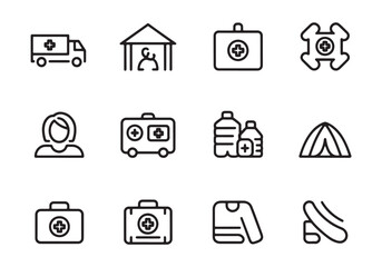 Medical icons ambulance first aid kit tent water bottles person and building health healthcare