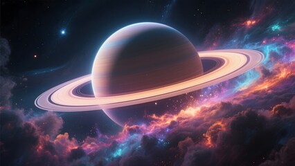 Vivid depiction of a ringed planet against a colorful nebula backdrop