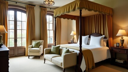 A  bedroom with a four-poster bed and  elegant furnishings.