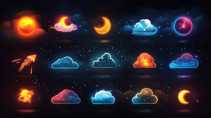 Pixel Art Neon Weather Icons Set Night Sky Background