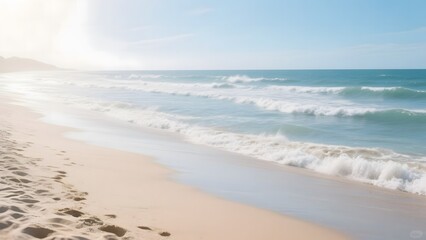 Sunny Beach with Gentle Waves and Footprints in the Sand