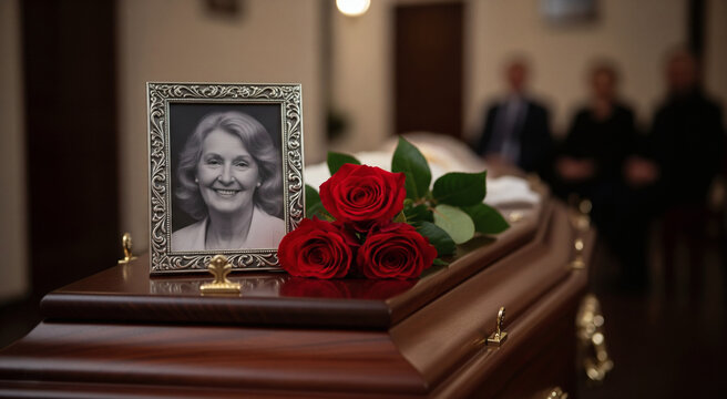 Funeral Coffin with Photo and Red Roses