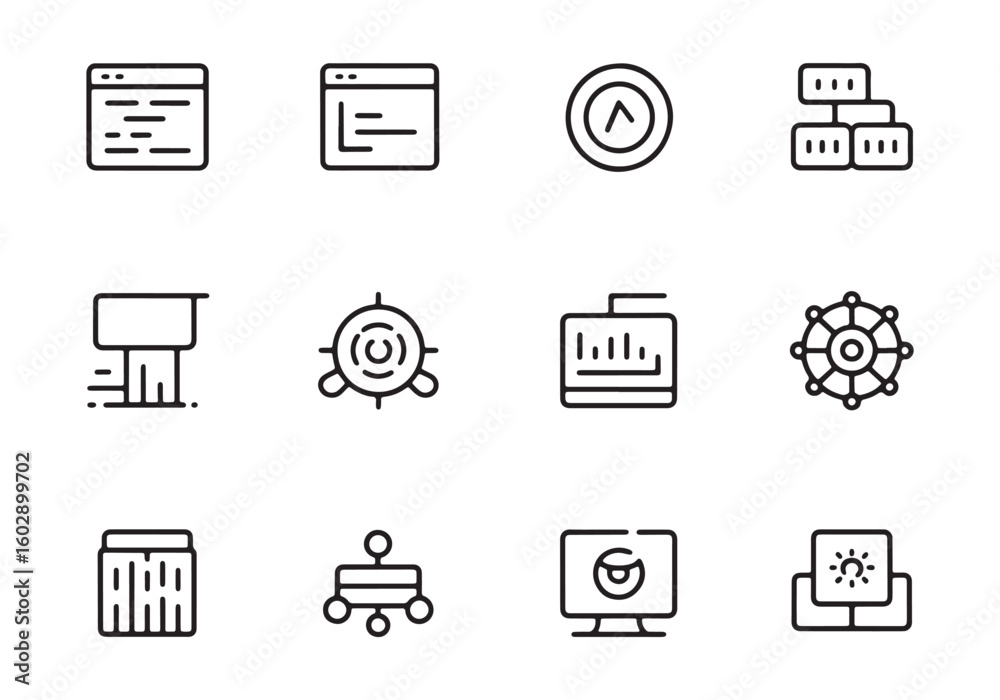 Fototapete Set of twelve black outline icons representing technology data and organization vector