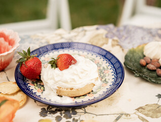 Dessert with whipped cream and strawberries on patterned floral ceramic plate