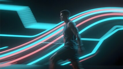 Athlete Running Amidst Vibrant Neon Lines