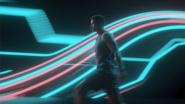 Athlete Running Amidst Vibrant Neon Lines - Powered by Adobe