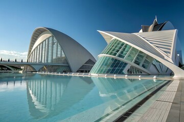 Obraz premium Futuristic white buildings with glass facades reflecting in water modern architecture