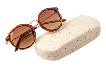 Round brown sunglasses in beige speckle case PNG Image 