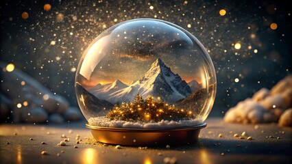 A magical snow globe encasing a serene mountain landscape at twilight