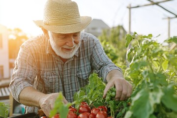 Happy elderly farmer picking tomatoes in his sunny garden