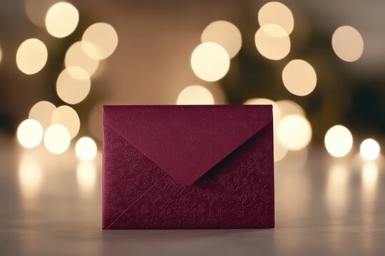 A textured dark red envelope stands on a reflective surface with blurred warm bokeh lights in the background, creating an elegant and festive atmosphere.