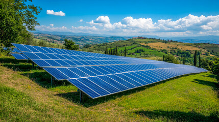 Rows of solar panels bask in bright midday sunlight, efficiently capturing energy on a verdant hillside. The rolling landscape and trees create a serene backdrop for this renewable technology