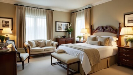 Fototapeta premium Luxurious bedroom with beige and cream accents.