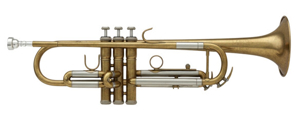Vintage brass trumpet with silver accents showcasing intricate detailing and craftsmanship, transparent background, cutout PNG