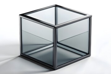 Modern geometric glass cube with dark metal frame on a white background