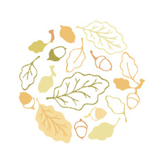 Cute linear oak leaves and acorns round print. Autumn banner in simple style. Greeting card Hello autumn.