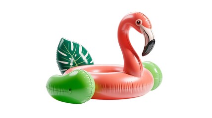 Bright pink inflatable flamingo pool float with green tropical leaves