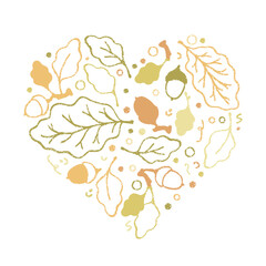 Cute linear oak leaves and acorns in the shape of a heart print. Autumn banner in simple style. Greeting card Hello autumn.