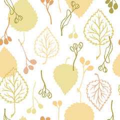 Linden leaves on a white background. Delicate vector seamless pattern. Design for paper, textile and fabric printing.