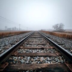 Fototapeta premium Foggy Railway Tracks in a Rural Landscape with Gloomy Atmosphere