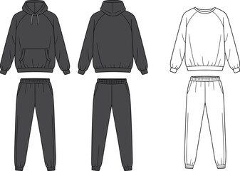 Unisex hoodie and jogger set flat sketch, front and back view, fashion design template, casual tracksuit vector technical drawing