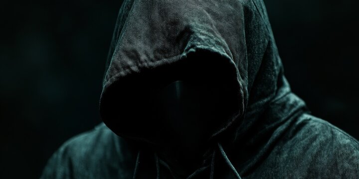 Dark and mysterious figure in a hooded cloak amidst a rain-soaked environment, conveying a sense of danger and intrigue.