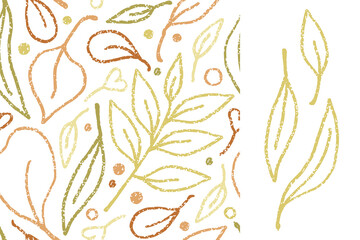 Autumn leaves on a white background. Delicate minimalist vector seamless pattern and elements. Line art design for paper and fabric printing.