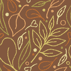 Linear leaves print in autumn colors. Delicate minimalist vector seamless pattern. Design for paper, textile and fabric printing.