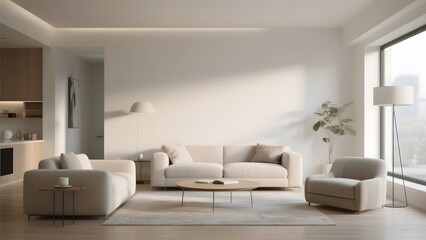 Modern minimalist living room with neutral tones and natural light