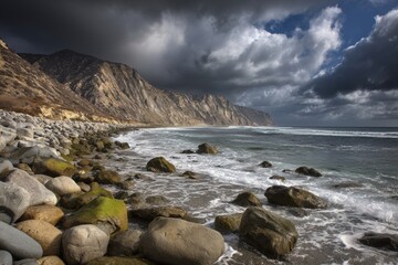 Obraz premium Rocky shoreline with dramatic clouds and waves.