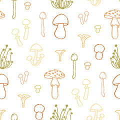 Simple mushrooms outline seamless pattern. Autumn forest plants print. Fall hand drawn retro vector background.
