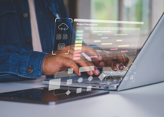 Project management and workflow scheduling interface. A business professional analyzing Gantt charts, tracking progress, and managing task execution through a digital strategy. Planning and deadline