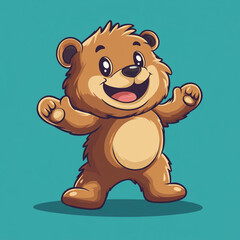 A furry cartoon bear stands on its hind legs with open arms with a broad smile and sparkling eyes full of excitement. 