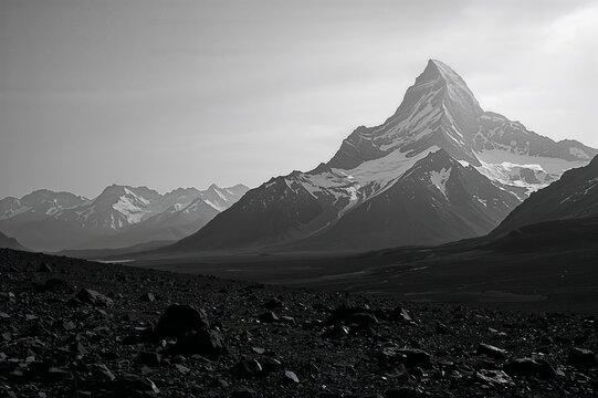 Dramatic black and white landscape of a jagged mountain peak