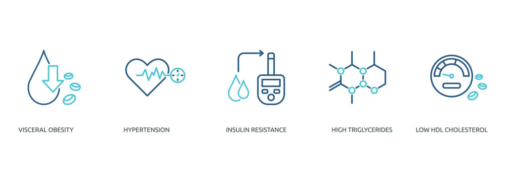 metabolic syndrome outline color banner icon of visceral obesity, hypertension, insulin resistance, high triglycerides, low hdl cholesterol - Powered by Adobe