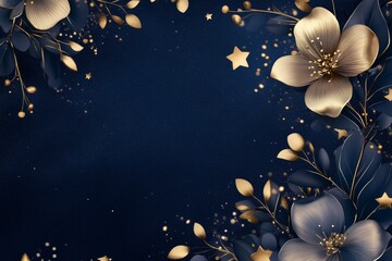 A digital floral and star design that could be used as a photo frame, wallpaper border or event invitation with cosmic blue background and golden elements.