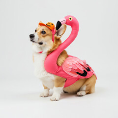 Funny Corgi in Flamingo Costume for Halloween, isolated on white background.