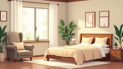 Beige bedroom with a comfortable armchair and a large bed.