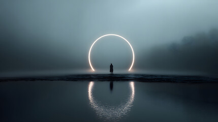 Mysterious sci-fi portal ring surrounded by fog with solitary man standing before it in dark surreal environment for fantasy exploration and concept art themes