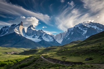 Fototapeta premium Majestic snow capped peaks under dramatic sky mountains landscape