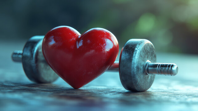 Red Heart with Metal Dumbbell on Dark Background