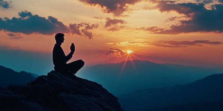 Person practicing yoga or meditation on a mountain peak as the sun sets, highlighting tranquility and connection to nature. - Powered by Adobe