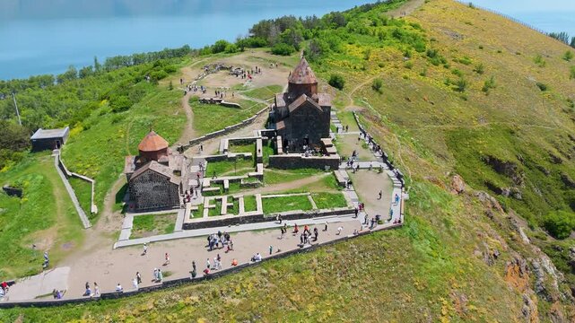 Aerial View of Sevanavanq Monastery on Lake Sevan, Armenia. Ideal for themes of history, religion, Armenian culture, and travel. Armenian Orthodox Church Akhtamar.
