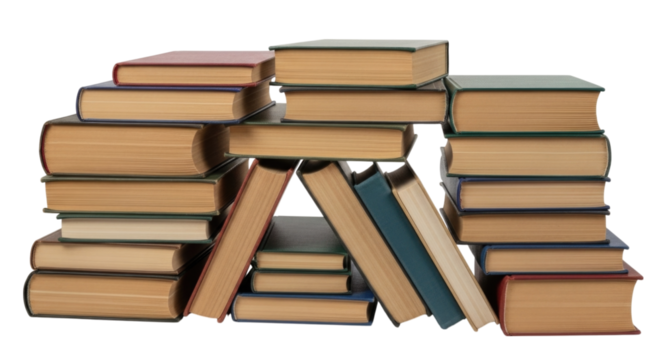 Stacked books in various colors and sizes on a transparent background, cutout PNG