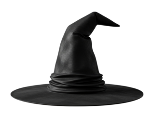 Black witch hat with pointed top and wide brim for Halloween or costume wear transparent background, cutout PNG
